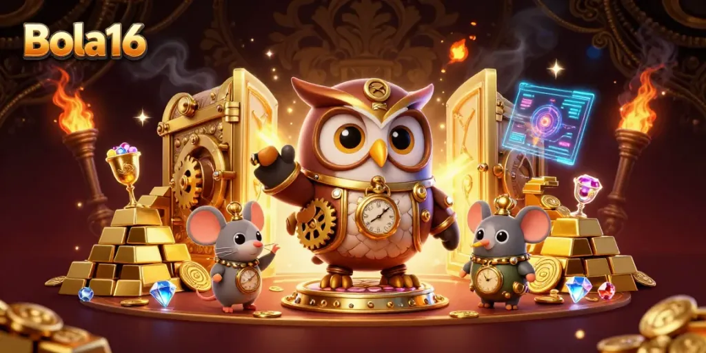 Bola16 features a steampunk owl and mouse in a Victorian casino scene filled with treasure and jewels.