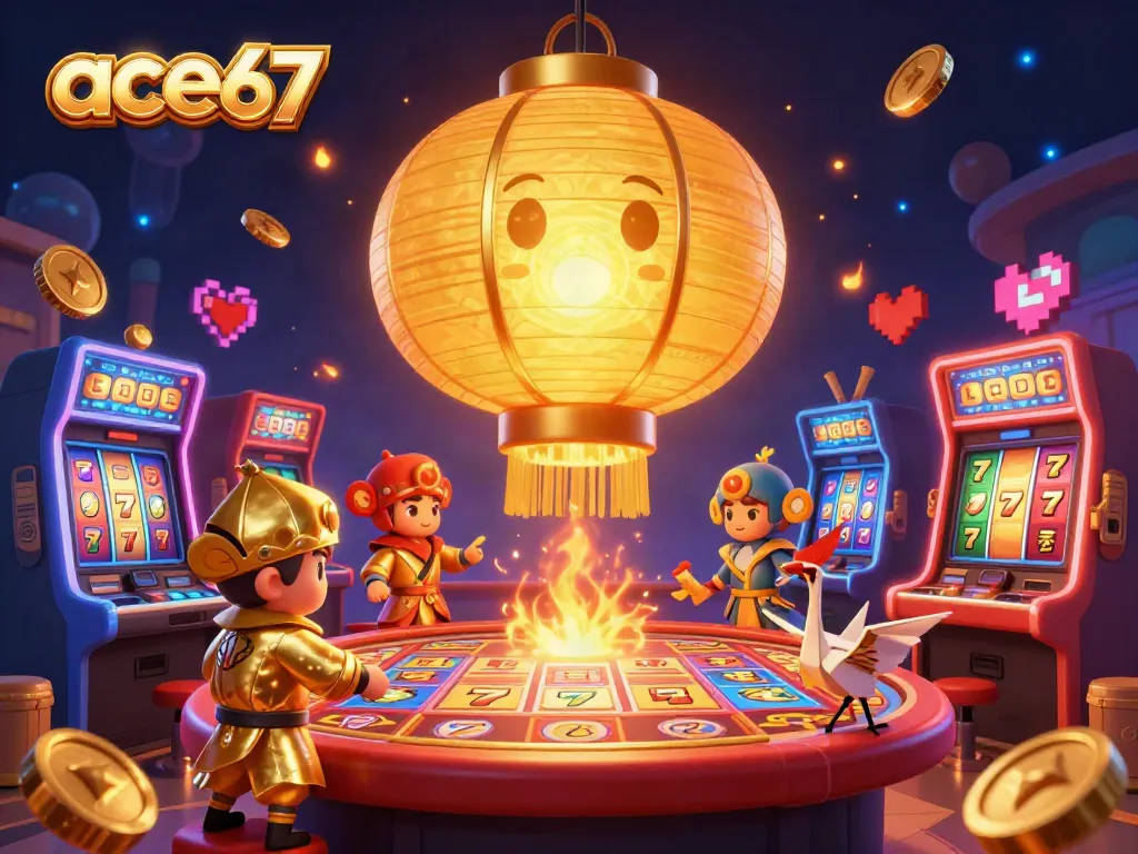 Engaging casino scene with ace67 featuring a glowing lantern spirit and vibrant slot machines.
