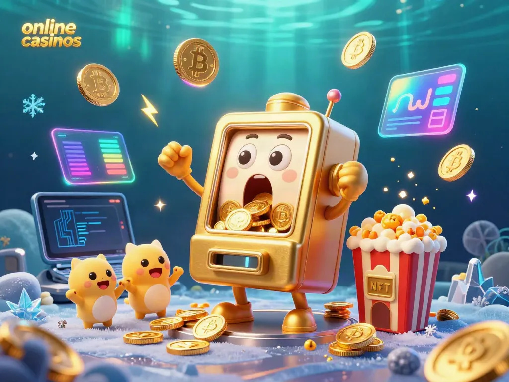 Celebrate big wins at online casinos with a joyful golden slot machine and cheerful baby machines in a vibrant 3D setting.