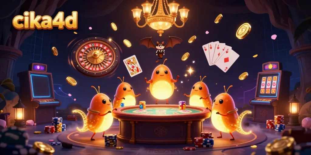 Experience thrilling games at CIKA4D, where glowing glowworms illuminate a vibrant casino scene.