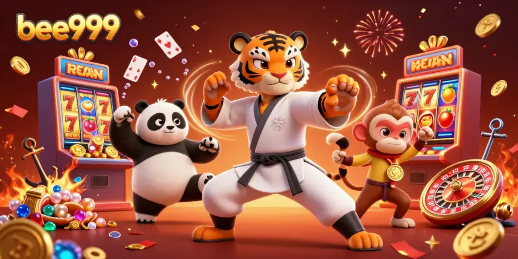 Experience the fun of bee999 slots with a kung fu tiger mastering luck, gold coins, and vibrant game elements.