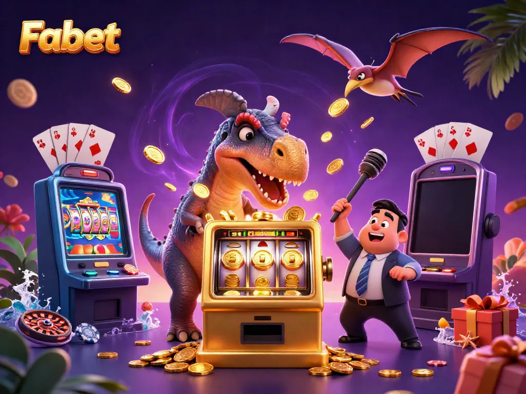 Fabet players enjoying a vibrant casino atmosphere with cartoon dinosaurs and jackpot excitement