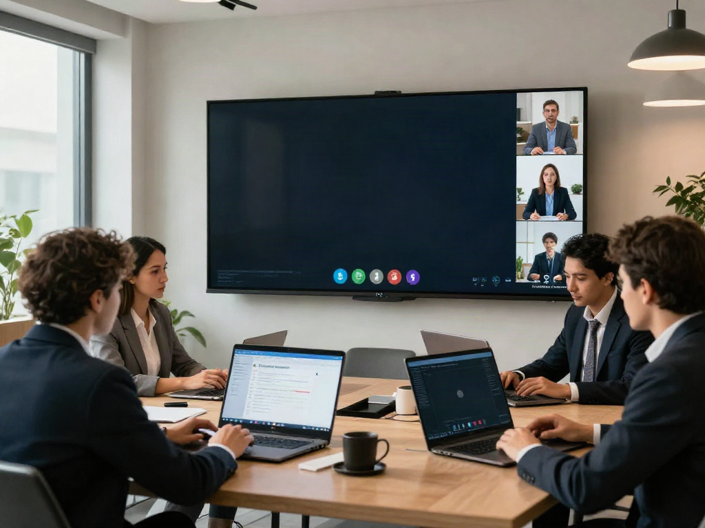 Deepfake-protected meetings in a secure video conference environment showcasing diverse professionals collaborating.
