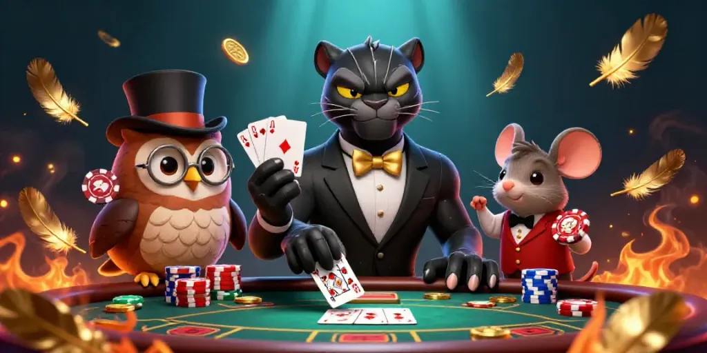 Permainan kartu yang seru dengan link persikwin dikelilingi koin emas dan karakter kartun penuh gaya.