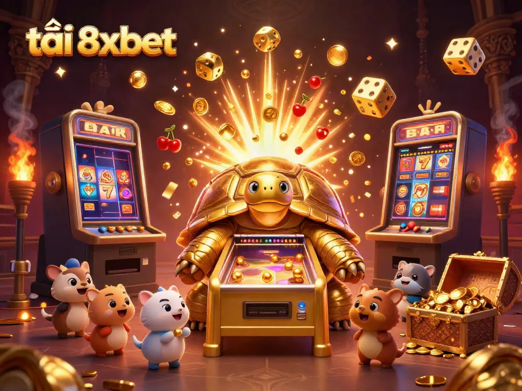 Engage with tải 8xbet featuring a golden tortoise pinball machine surrounded by colorful casino elements.