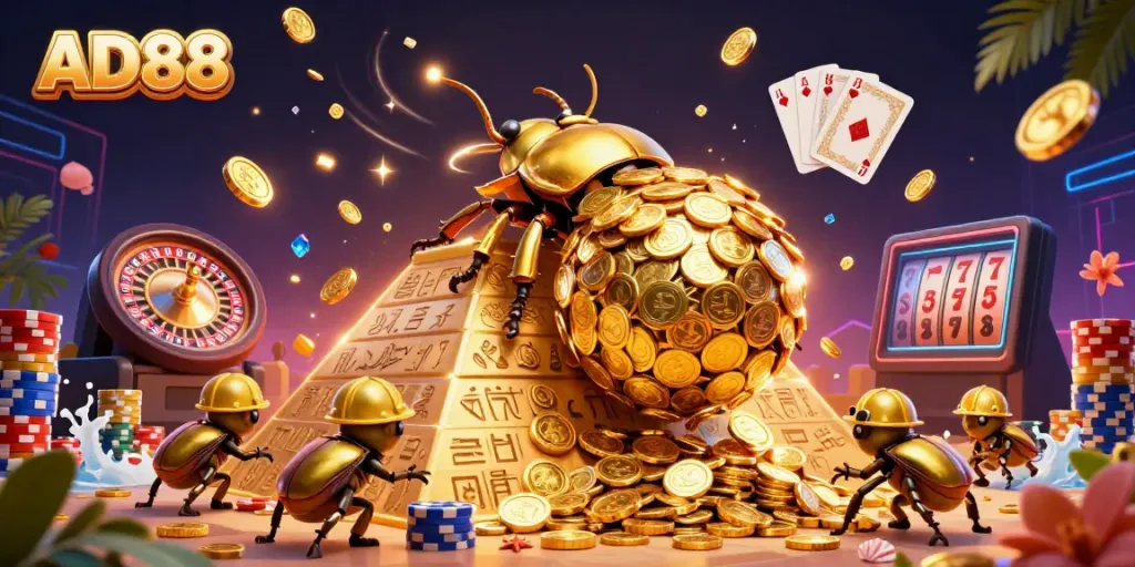 Experience excitement at AD88 with a massive beetle and golden coins in a vibrant casino scene.