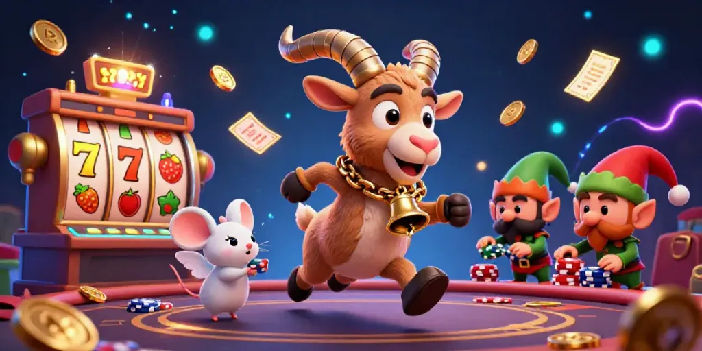 Go8's festive casino scene with Krampus goat, angel mouse, and elf gremlins enjoying slot games.
