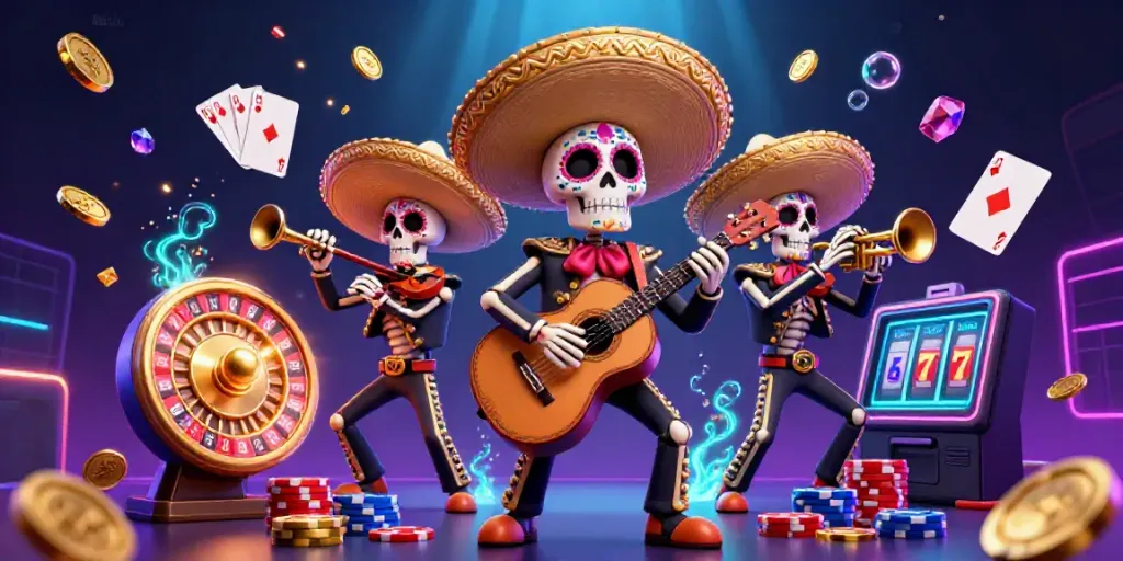 Experience thrilling gaming at 88clb with mariachi skeletons, gold coins, and vibrant casino elements.