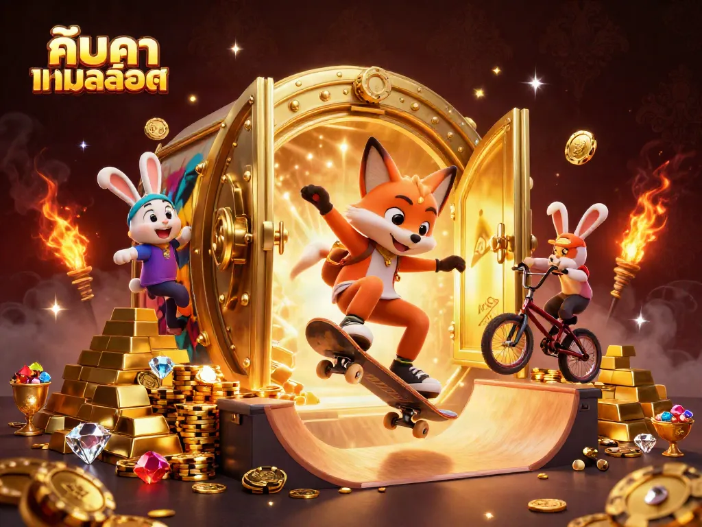 Experience the thrill of playing ค้นหาเกมสล็อต in a vibrant 3D scene with animated characters and casino elements.