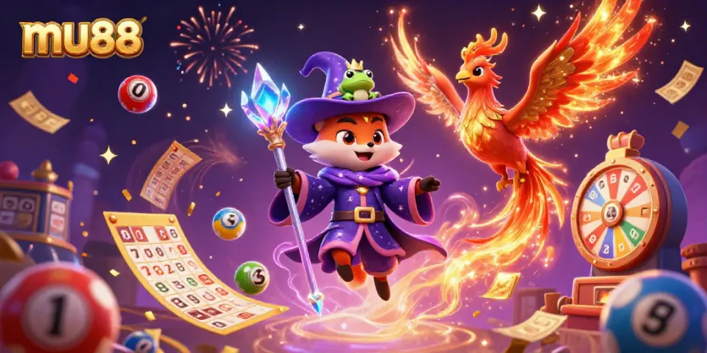 Experience exciting gameplay with MU88's magical casino scene featuring vibrant lottery elements and characters.