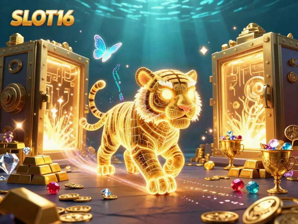 SLOT16 awakens in a vibrant digital casino, revealing treasures of gold and jewels.