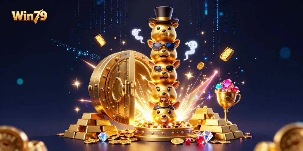 Win79 showcases an exciting casino scene with a golden totem pole, treasure vault, and scattered gems.