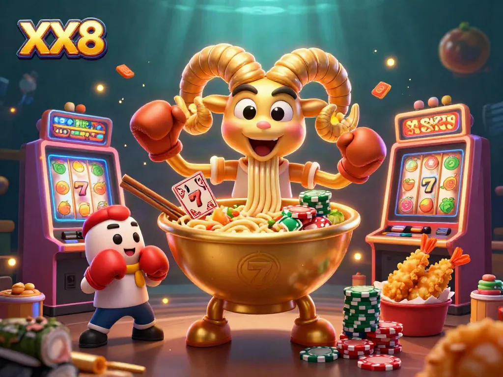 Experience the exciting world of XX8 with a vibrant 3D casino scene featuring a golden ramen bowl dealer and lively game elements.