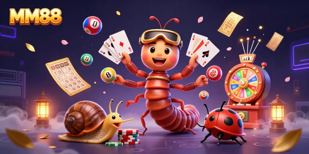Experience vibrant casino excitement with MM88's animated dealer and high-roller characters amidst colorful gaming elements.