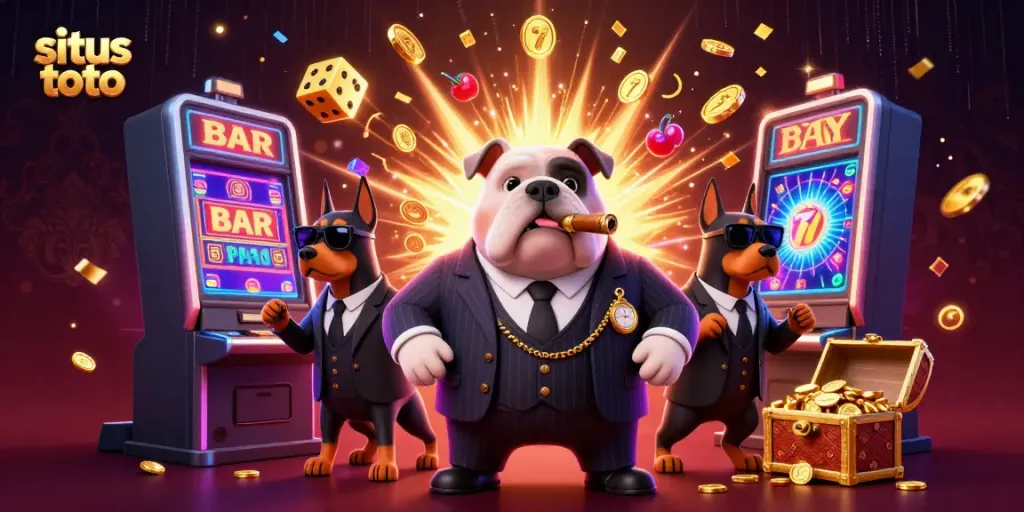 Engage with situs toto casino gaming featuring dynamic 3D mafia-themed illustration with slot machines and treasures.