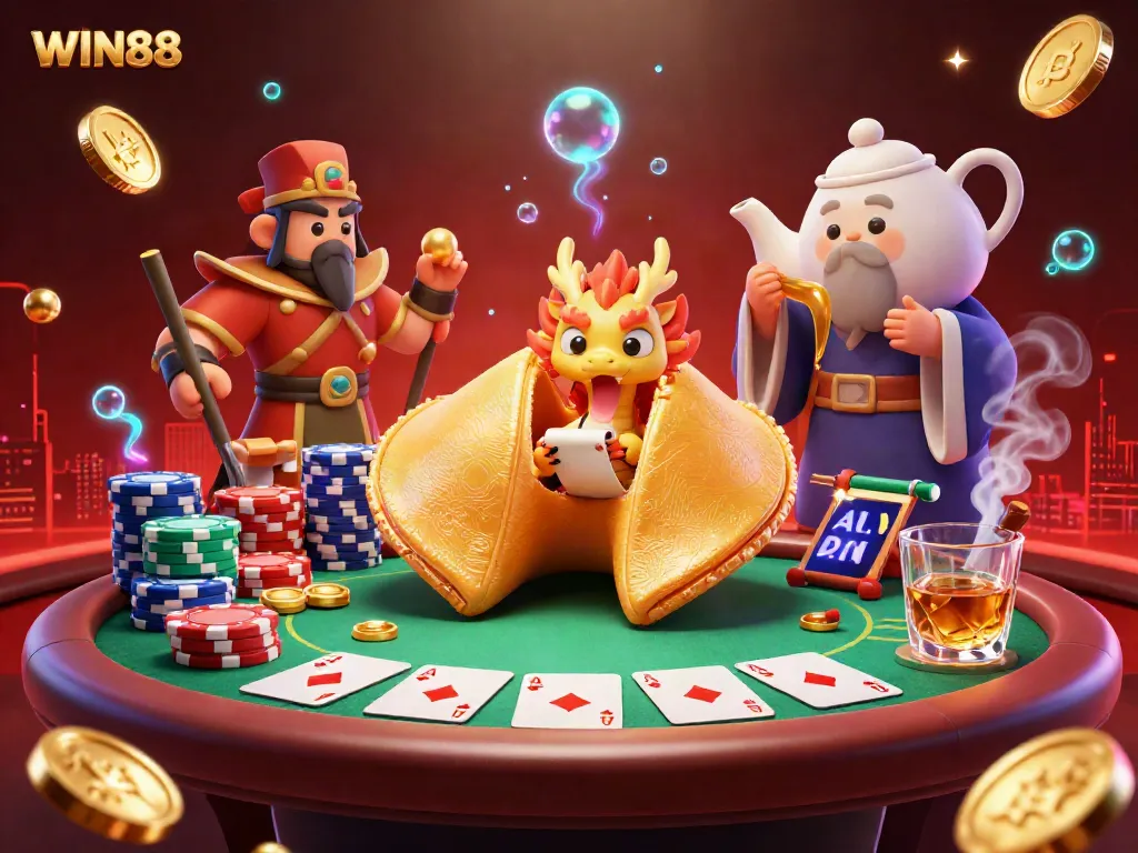 Experience excitement with WIN88 as a wise dragon reveals fortune inside a golden cookie surrounded by poker elements.