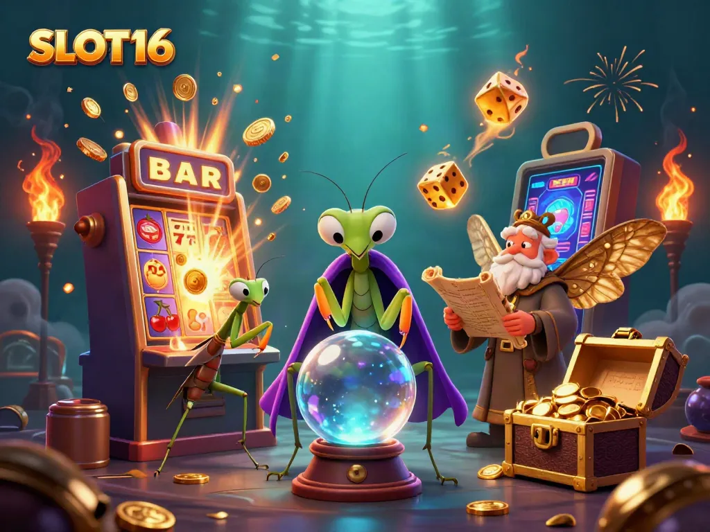 SLOT16 gaming scene with fortune teller praying mantis and moth librarian surrounded by slot machine elements.