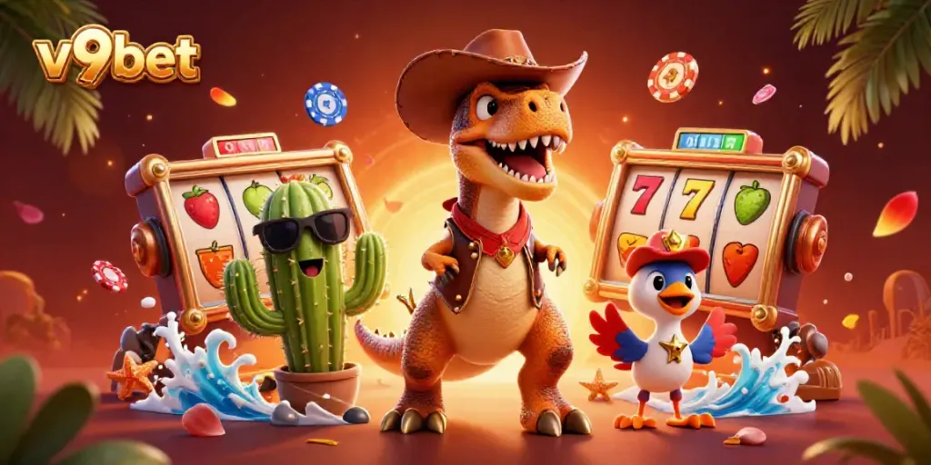 Experience exciting slots and jackpots with v9bet in this vibrant 3D casino scene.