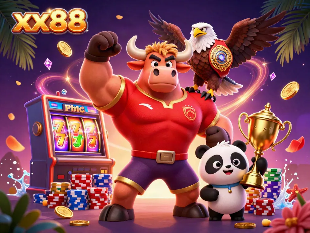 Experience exhilarating wins with xx88 in a vibrant 3D casino scene filled with colorful characters and elements.