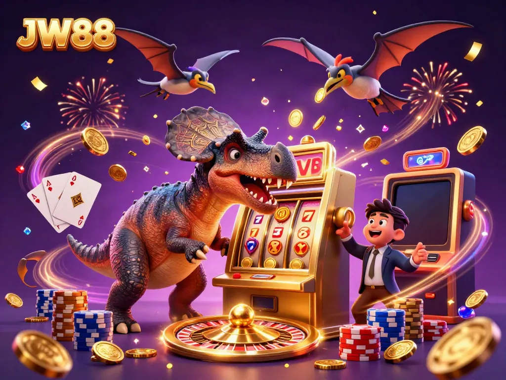 JW88 pachycephalosaurus wins jackpot at golden slot machine amidst flying coins, exciting casino scene.