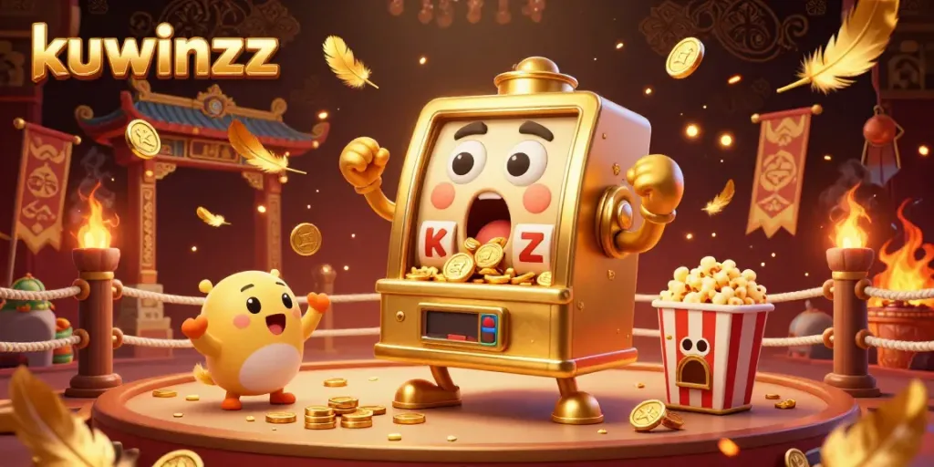 Experience the excitement of kuwinzz with a golden slot machine winning a jackpot amidst a vibrant casino scene.