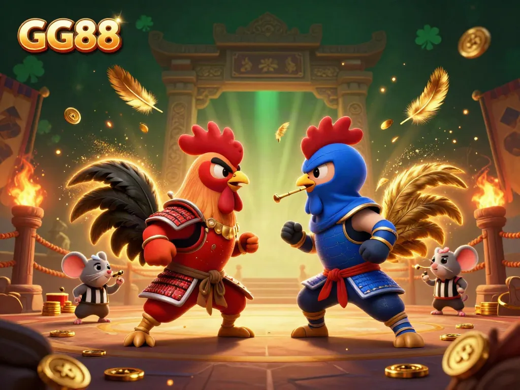 Engage with the excitement of GG88 in this vibrant illustration of fighting roosters in a dynamic arena setting.