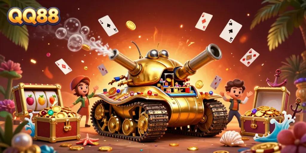 Experience the thrill of QQ88 with a vibrant casino scene featuring golden tanks and winning symbols.
