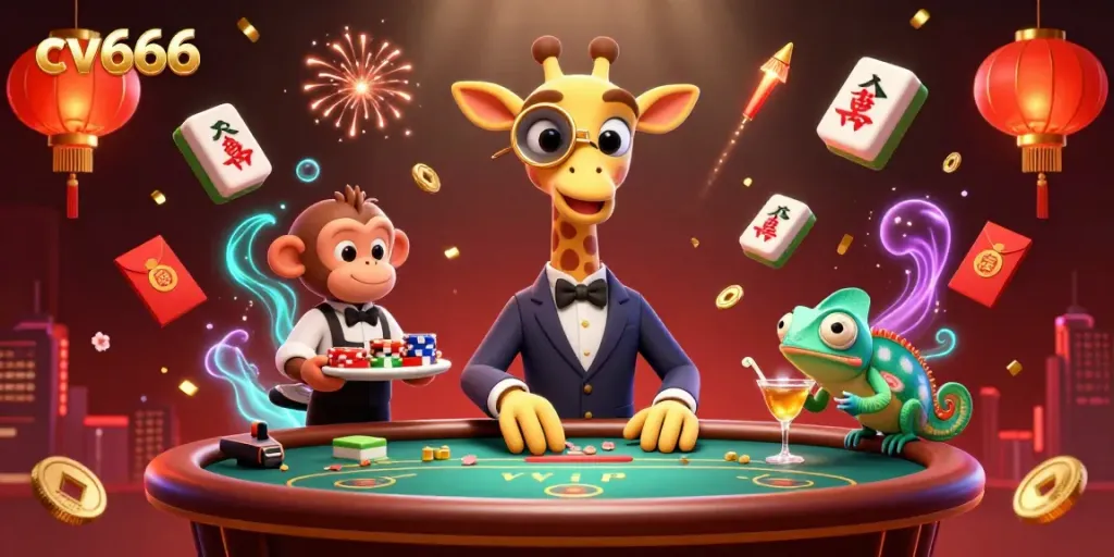 Engage in thrilling poker action at cv666 with a high-roller giraffe and colorful casino elements.