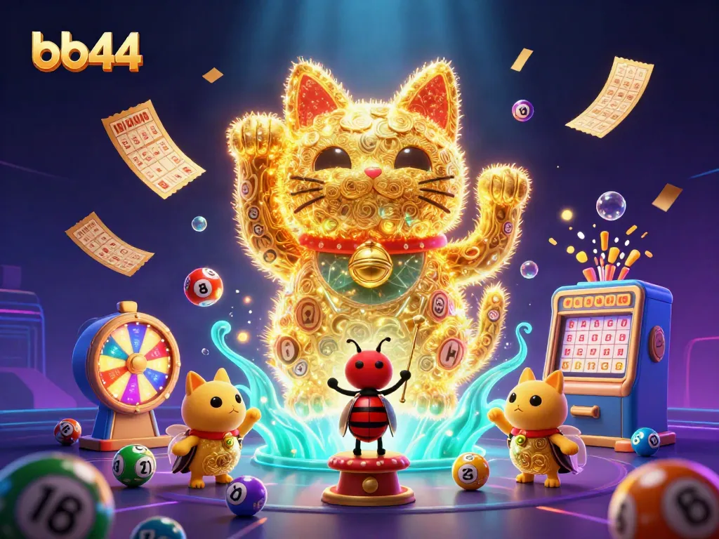 Engage with the vibrant scene of bb44 featuring a giant lucky cat and colorful lottery elements.