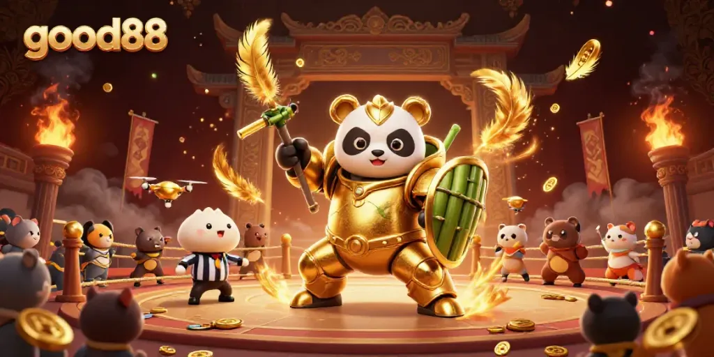 good88 gaming scene featuring a golden panda in a mech suit battling in a vibrant, lively arena