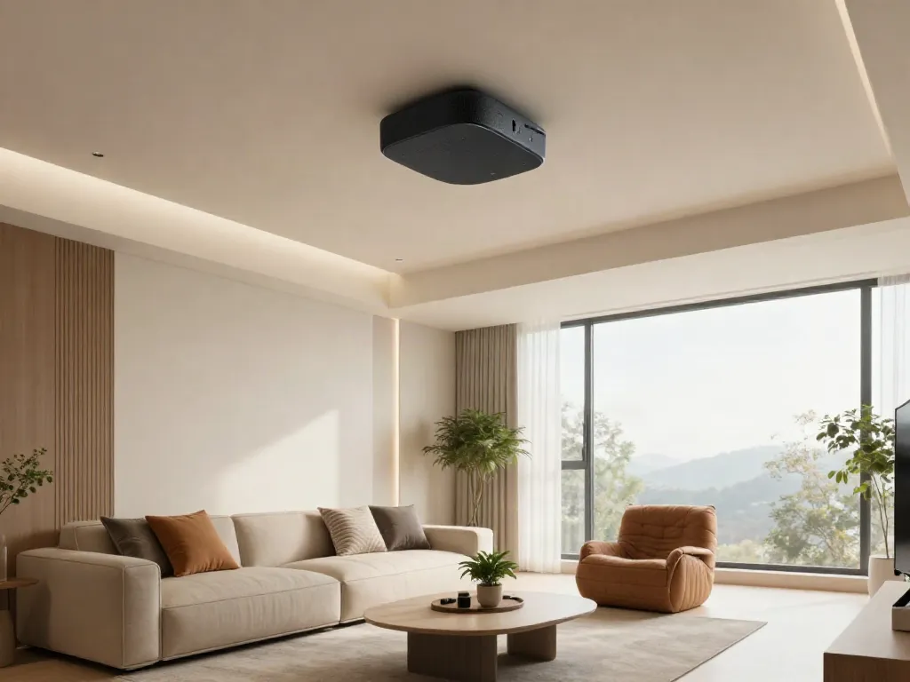 Spacious living room showcasing an installed ceiling speaker with cozy decor.