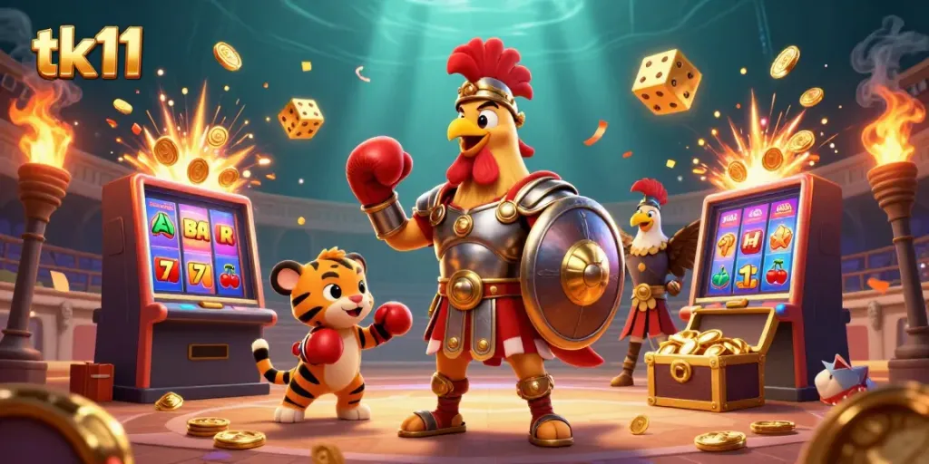 Experience the excitement of tk11 with a 3D gladiator rooster and casino-themed elements bursting with energy.