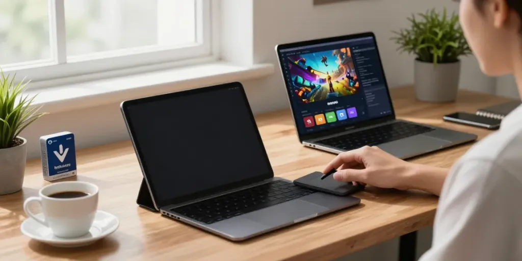 User downloading Mod apk on a modern workspace with vibrant game graphics.
