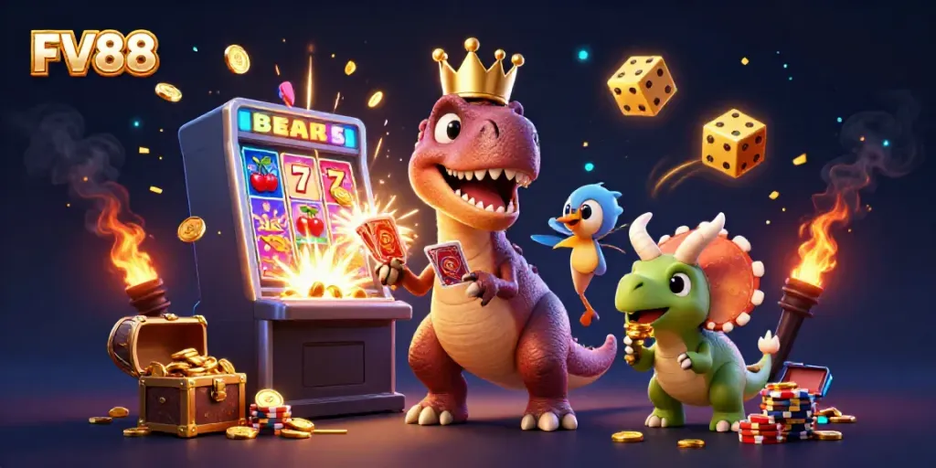 Engage at FV88 with vibrant 3D casino characters celebrating a jackpot explosion.