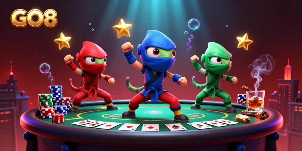 Experience thrilling poker action with GO8's ninja chameleons in a dynamic 3D casino scene.