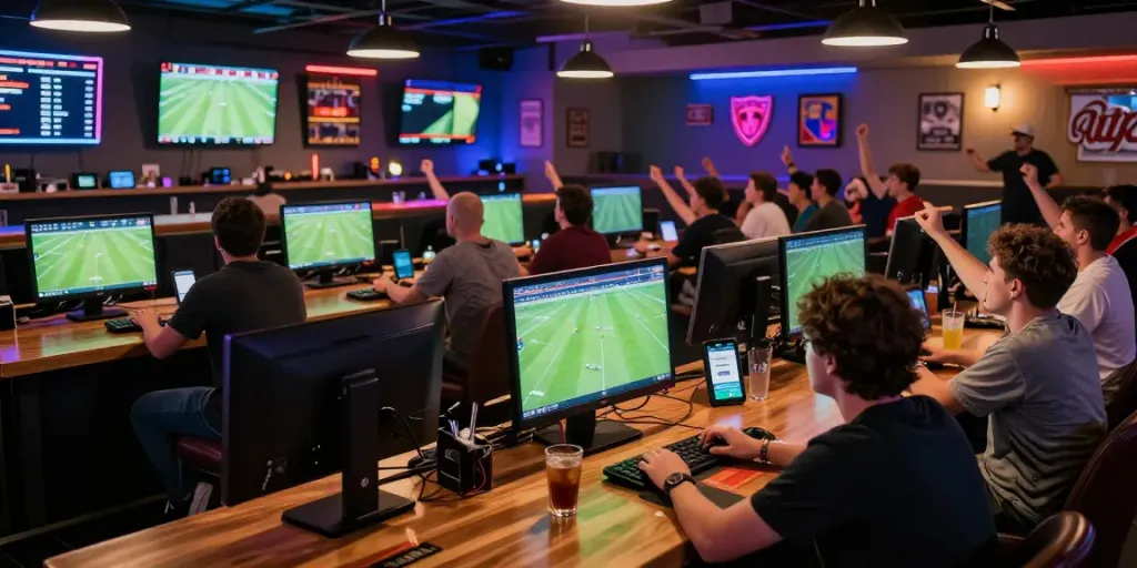 WWBOLA sports betting lounge with live football match, fans engaged, neon lights.