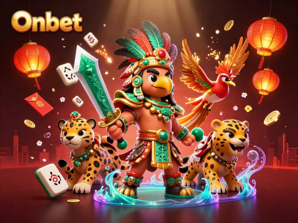 Engage with Onbet's thrilling gaming world featuring an Aztec warrior, jaguar, and festive gaming elements.