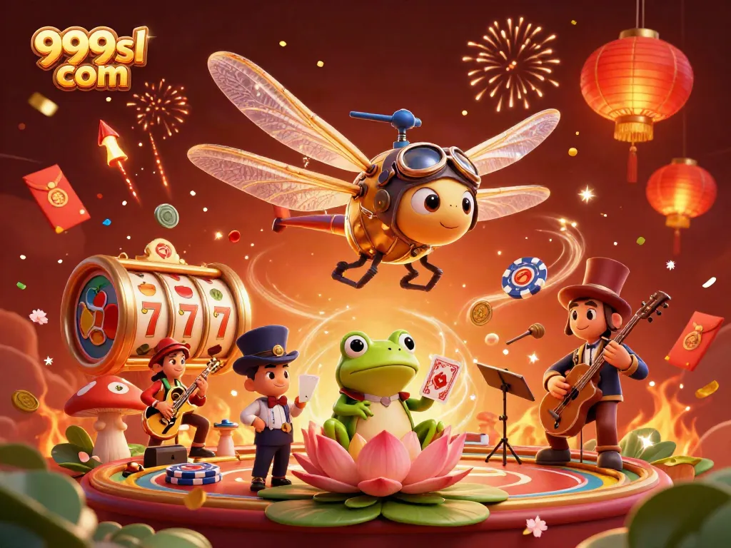 Experience vibrant gameplay at 999sl com with a lively dragonfly pilot and casino elements in an enchanting scene.