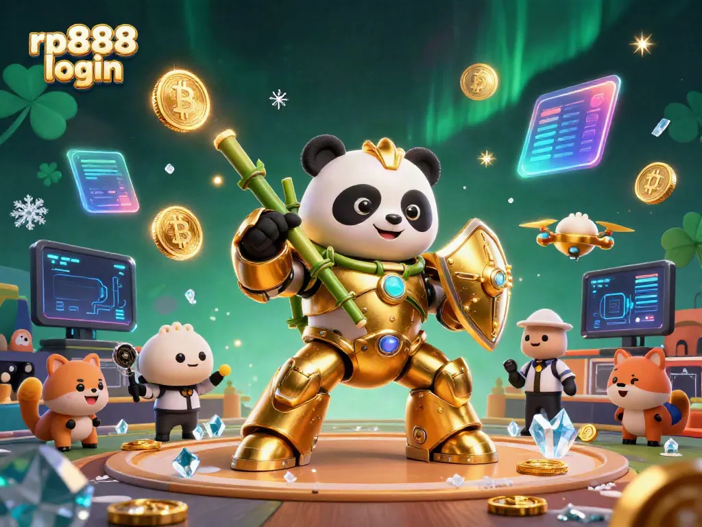 Engage in the thrilling rp888 login experience with a mech-suit panda in a vibrant casino arena.