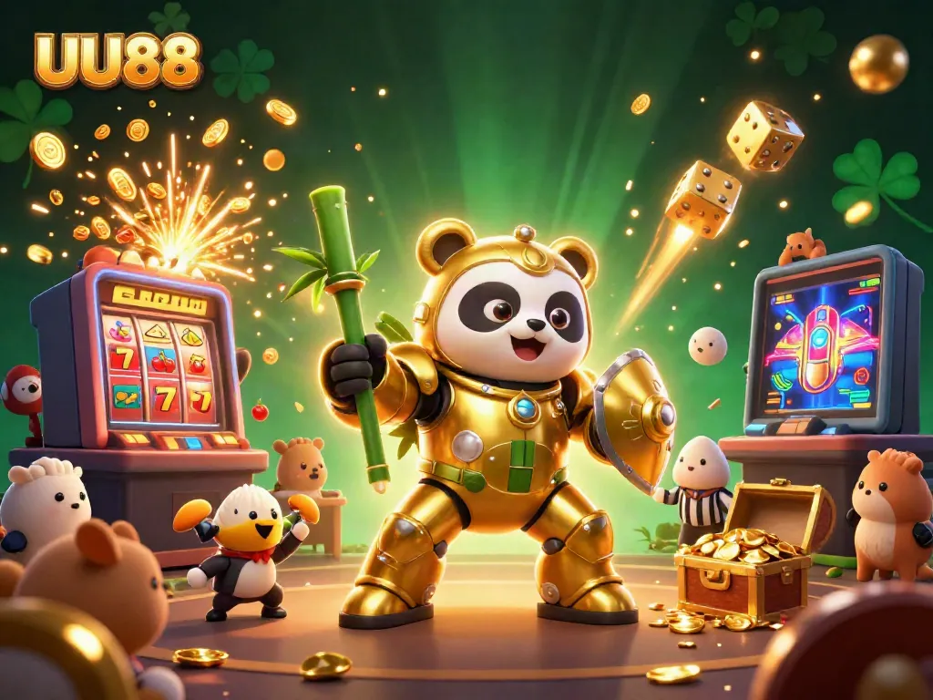 UU88 showcases online gaming excitement with vibrant slot machines and dynamic characters.
