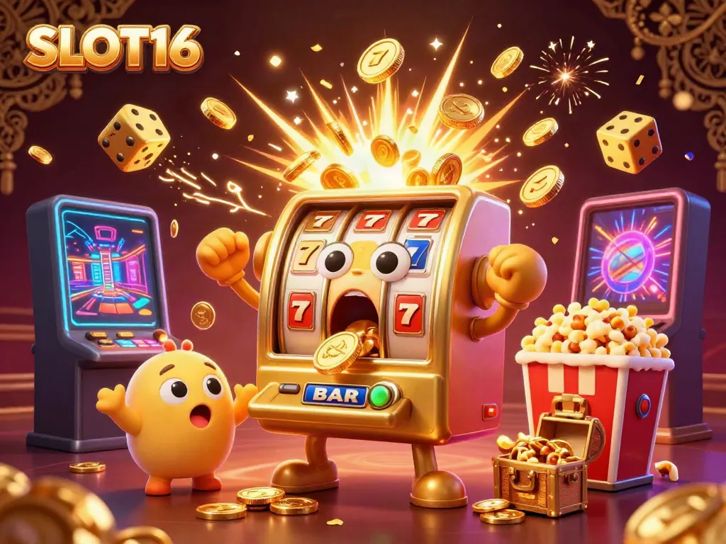 SLOT16 showcases an animated golden slot machine celebrating a jackpot, surrounded by playful baby slots and golden treasures.