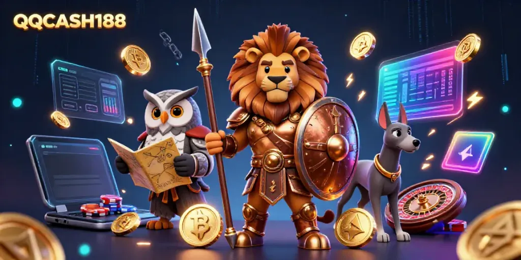 Experience thrilling gameplay with QQCASH188, featuring a heroic Spartan lion, tactical owl, and greyhound messenger in an engaging digital casino scene.