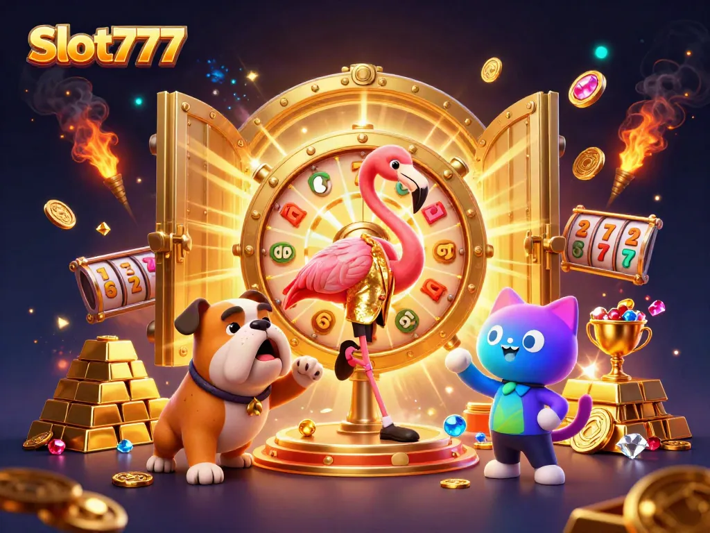 Spin to win with Slot777! An exciting 3D scene featuring colorful characters and vibrant gold casino elements.