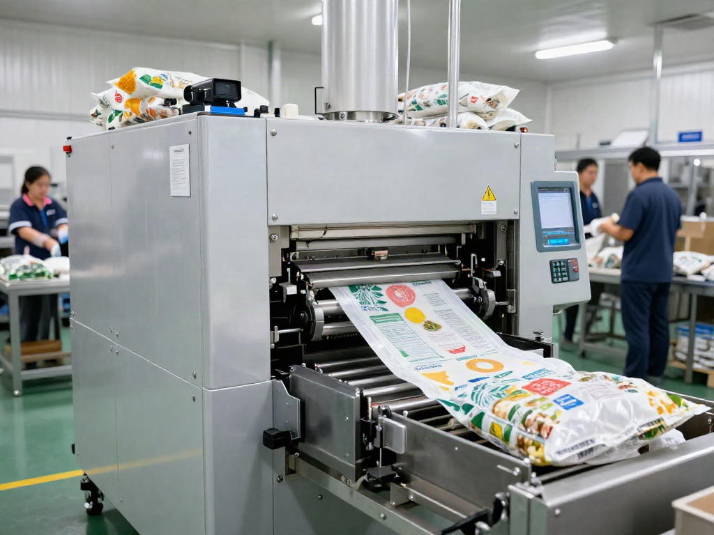 Open mouth bag filling machine efficiently packaging agricultural goods in a modern facility.