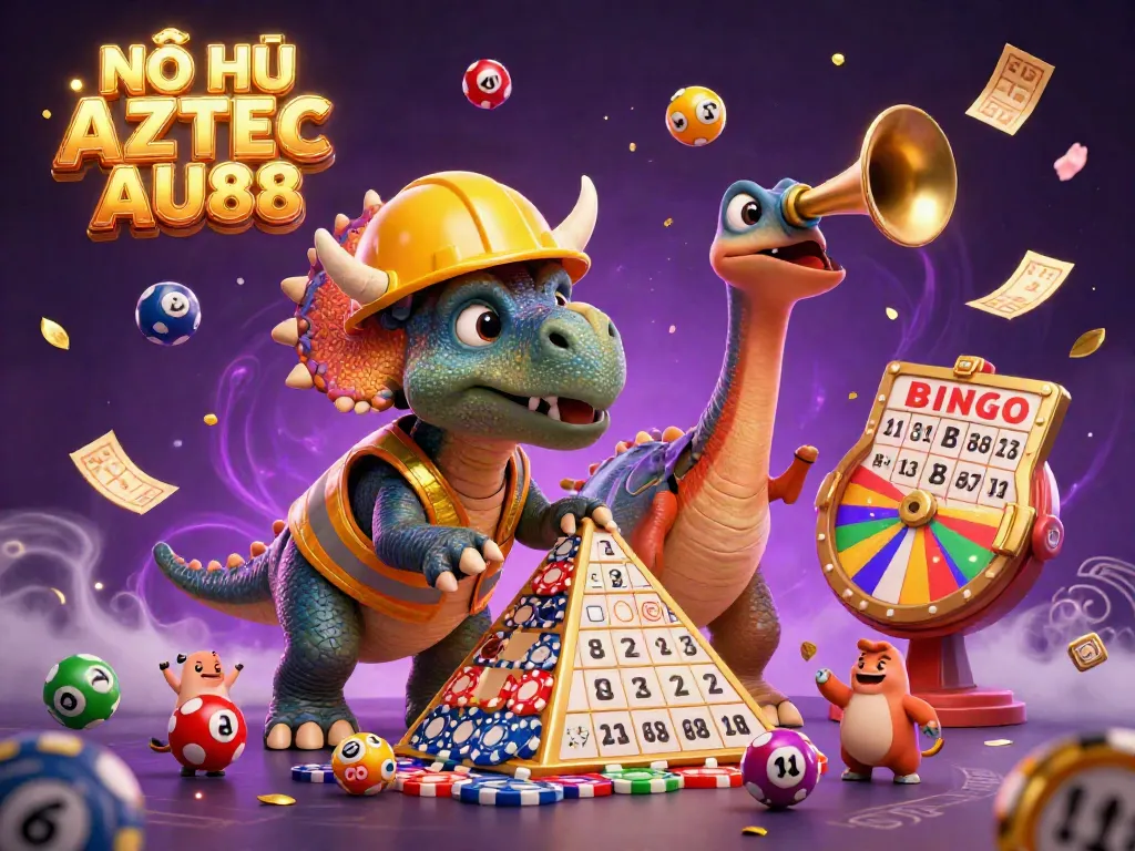 NỔ HŨ AZTEC AU88 ignites excitement with colorful lottery balls bouncing around animated characters celebrating a jackpot.