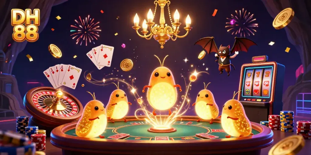 Win big at DH 88's vibrant cave casino, revealed by glowing glowworms and dazzling lights.
