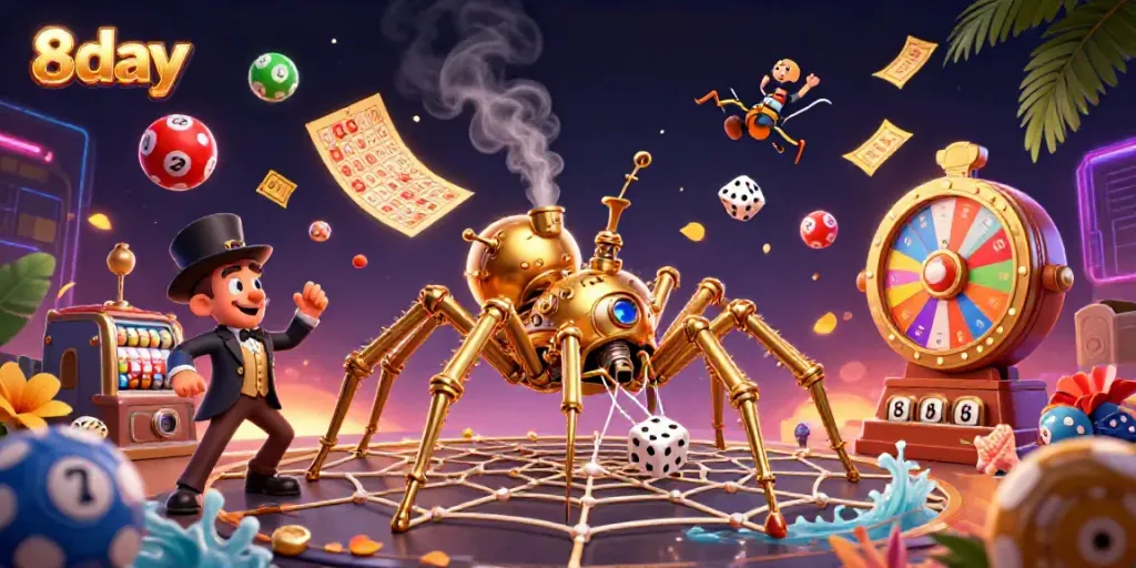 Engage in exciting games at 8day with vibrant lottery balls and casino elements.