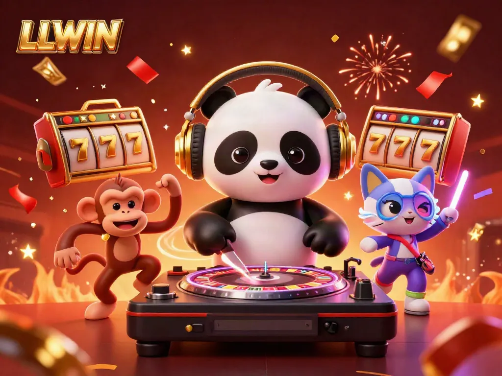 Engage with LLWIN's vibrant gaming scene featuring energetic characters and casino elements.