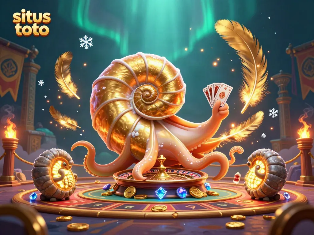 Situs toto showcases an ancient nautilus roulette wheel surrounded by dazzling casino elements.