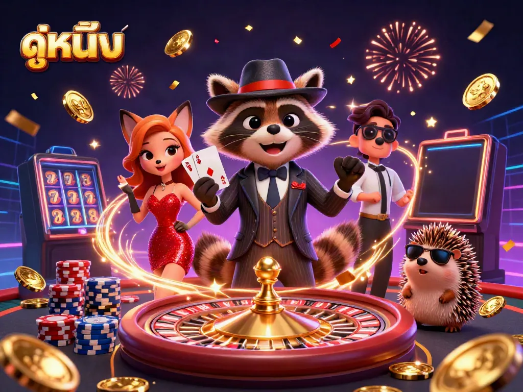 Experience the excitement of ดูหนังออนไลน์ with a charming raccoon and friends surrounded by casino elements.